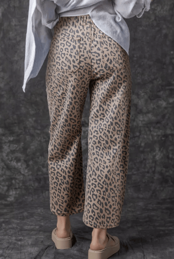 Leopard Printed Drawstring Elastic Waistband Pocketed Wide Leg Jeans-Jeans-Krush Kandy, Women's Online Fashion Boutique Located in Phoenix, Arizona (Scottsdale Area)