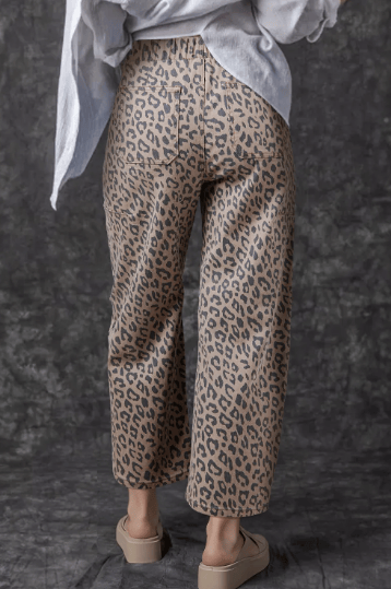 Leopard Printed Drawstring Elastic Waistband Pocketed Wide Leg Jeans-Jeans-Krush Kandy, Women's Online Fashion Boutique Located in Phoenix, Arizona (Scottsdale Area)