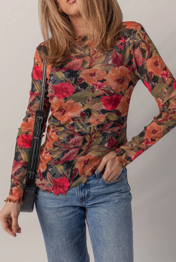 S heer Floral Print Lettuce Trim Long Sleeve Mesh Top-Tops-Krush Kandy, Women's Online Fashion Boutique Located in Phoenix, Arizona (Scottsdale Area)