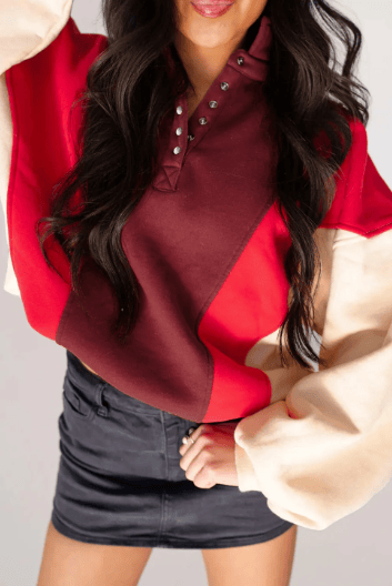 Color Block Patchwork Snap Button Oversize Hoodie-Hoodies-Krush Kandy, Women's Online Fashion Boutique Located in Phoenix, Arizona (Scottsdale Area)