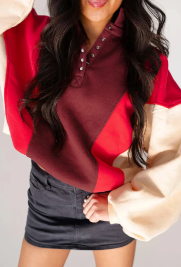 Color Block Patchwork Snap Button Oversize Hoodie-Hoodies-Krush Kandy, Women's Online Fashion Boutique Located in Phoenix, Arizona (Scottsdale Area)