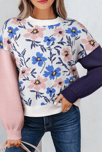 Floral Panel Colorblock Sleeve Patchwork Sweater-Sweater-Krush Kandy, Women's Online Fashion Boutique Located in Phoenix, Arizona (Scottsdale Area)