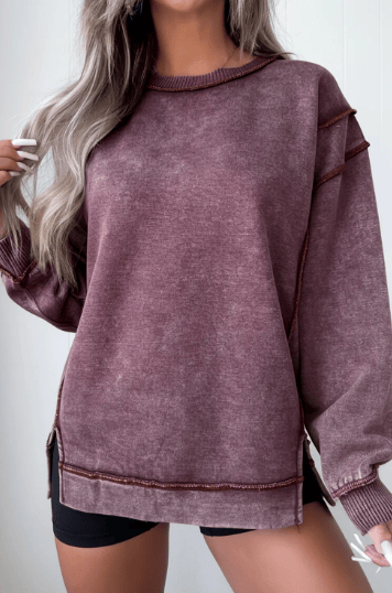Mineral Wash Exposed Seam Side Slit Sweatshirt-Sweatshirt-Krush Kandy, Women's Online Fashion Boutique Located in Phoenix, Arizona (Scottsdale Area)