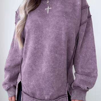 Mineral Wash Exposed Seam Side Slit Sweatshirt-Sweatshirt-Krush Kandy, Women's Online Fashion Boutique Located in Phoenix, Arizona (Scottsdale Area)