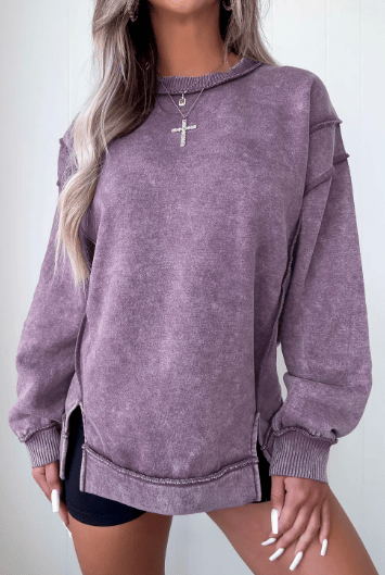 Mineral Wash Exposed Seam Side Slit Sweatshirt-Sweatshirt-Krush Kandy, Women's Online Fashion Boutique Located in Phoenix, Arizona (Scottsdale Area)