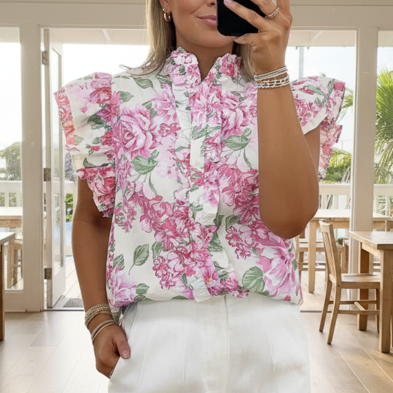 Floral Print Ruffle Sleeve Frilly Button Up