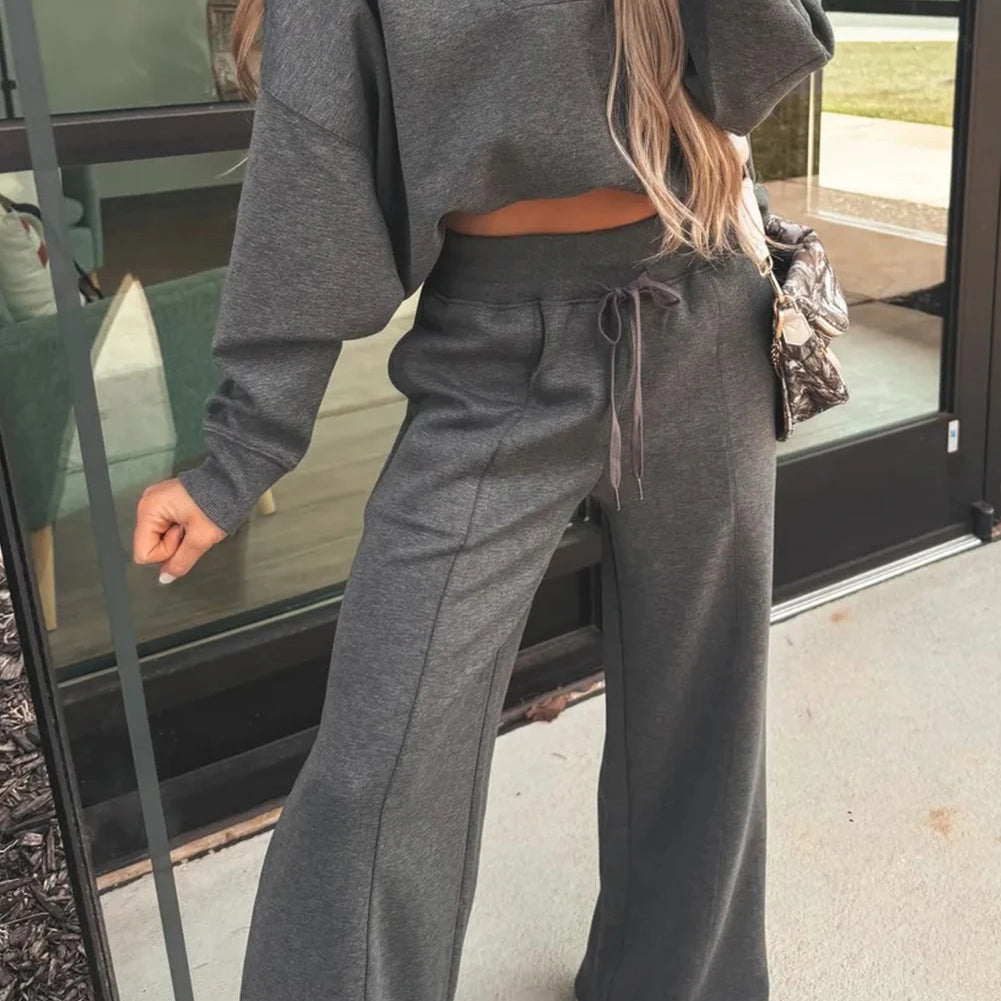 Jet Set Collared V Neck Pullover Sweatshirt Sweatpants Set