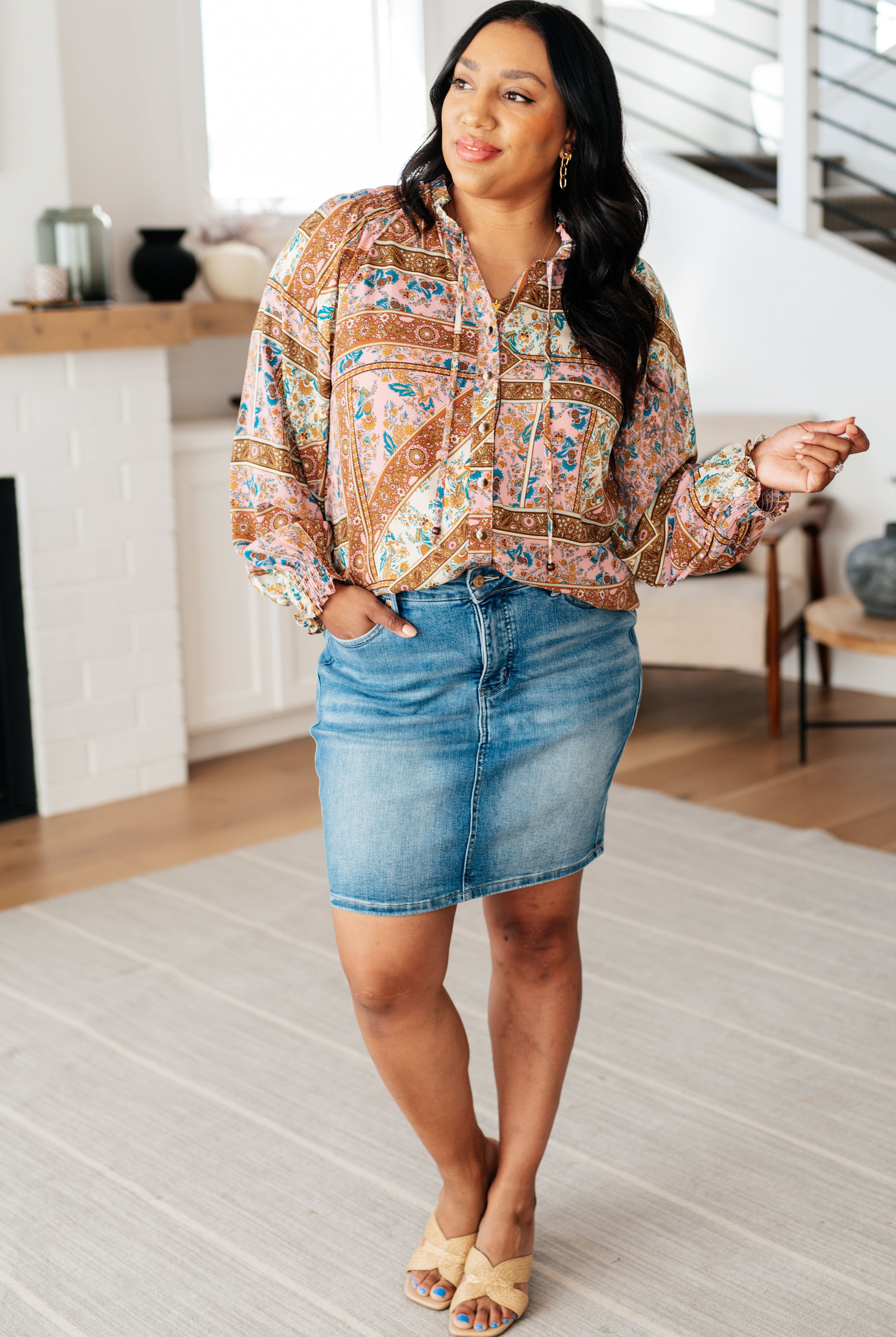 Show and Tell Mixed Print Peasant Blouse-Long Sleeve Tops-Krush Kandy, Women's Online Fashion Boutique Located in Phoenix, Arizona (Scottsdale Area)