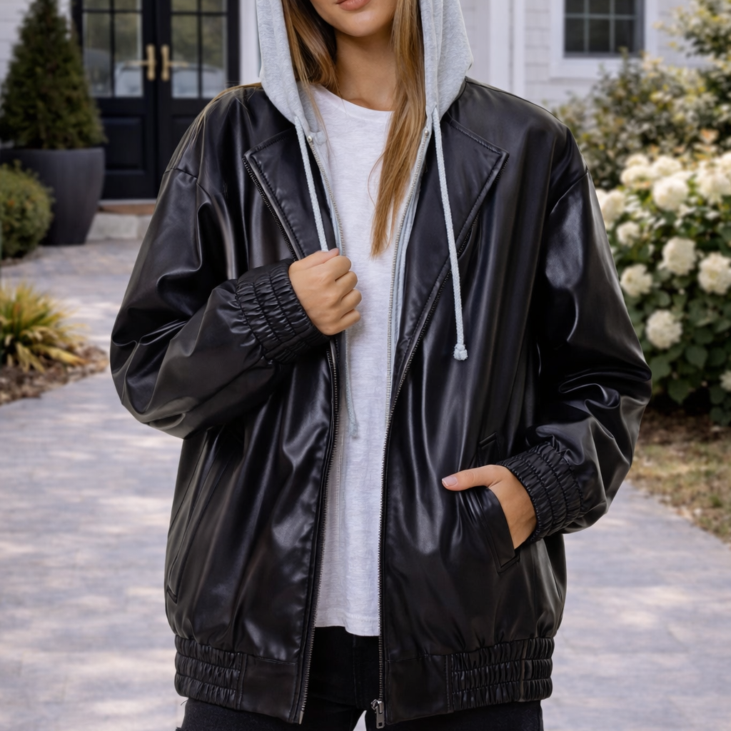 Vegan Leather Hooded Jacket W/ Welt Pocket