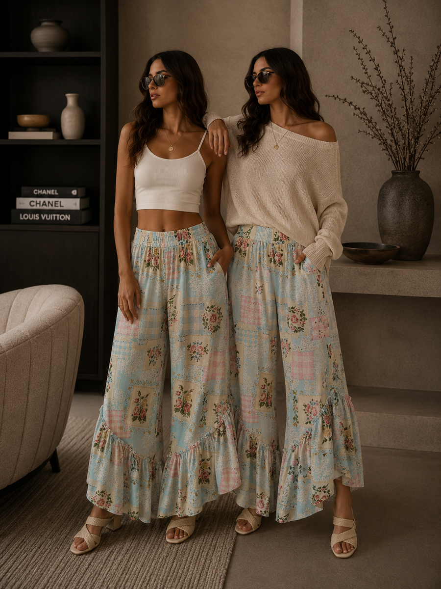 Y's PATCHWORK JACQUARD RUFFLE PANTS カーキ2 Floral Patchwork Ruffle Pants | Cottagecore Wide Leg Pants | Krush