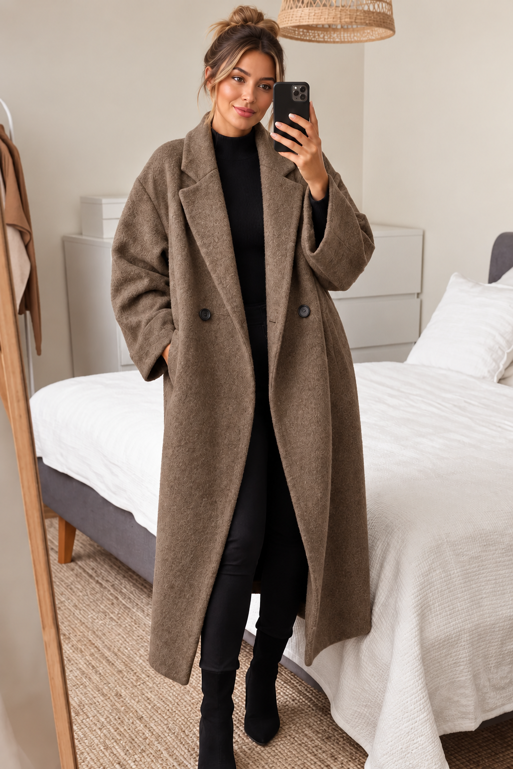 Taupe Coat Bedroom Mirror Selfie.png