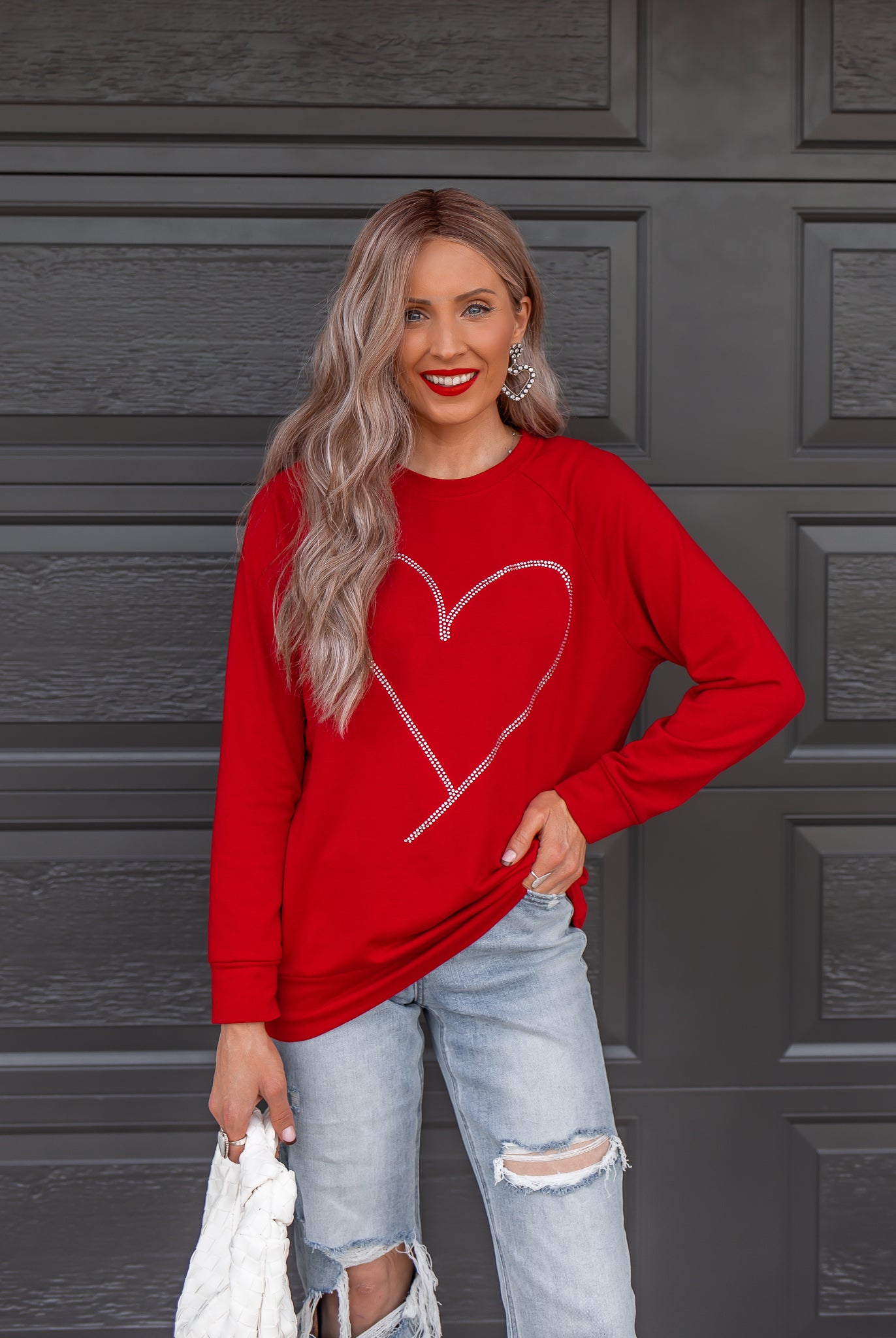 Radiant Love Red Rhinestone Heart Sweater Top-Sweaters-Krush Kandy, Women's Online Fashion Boutique Located in Phoenix, Arizona (Scottsdale Area)