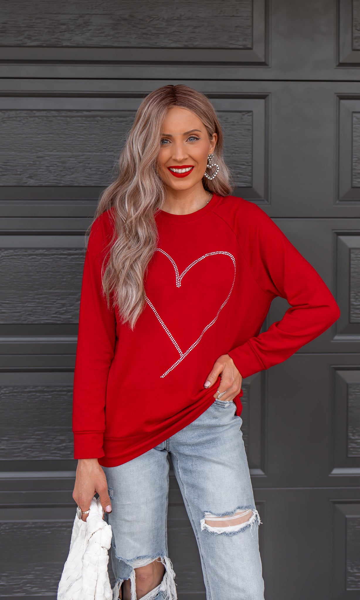 Radiant Love Red Rhinestone Heart Sweatshirt-Sweaters-Krush Kandy, Women's Online Fashion Boutique Located in Phoenix, Arizona (Scottsdale Area)