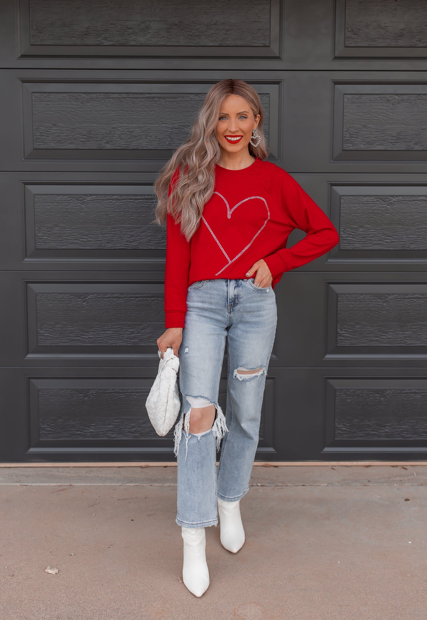 Radiant Love Red Rhinestone Heart Sweatshirt-Sweaters-Krush Kandy, Women's Online Fashion Boutique Located in Phoenix, Arizona (Scottsdale Area)