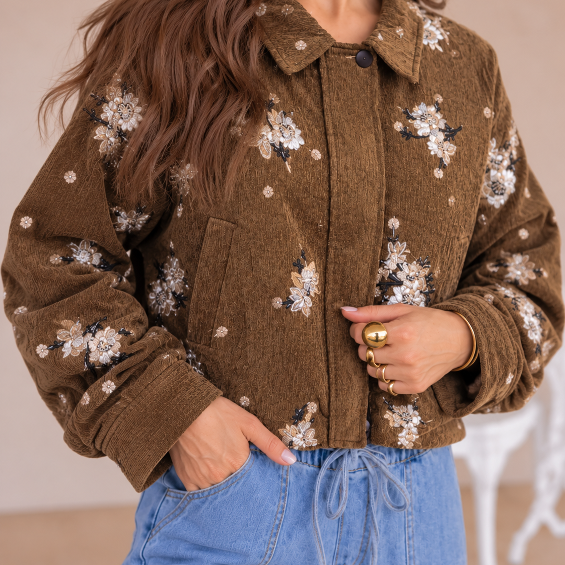 Vintage Embroidery Sequins Lapel Collar Button Jacket