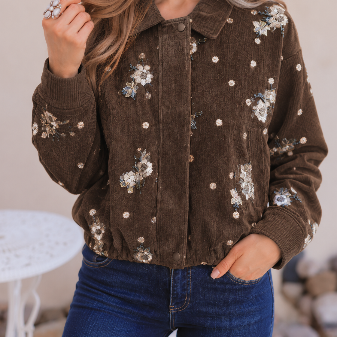 Vintage Embroidery Sequins Lapel Collar Button Jacket