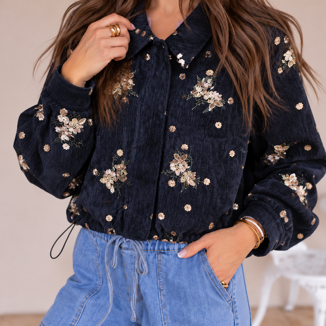 Vintage Embroidery Sequins Lapel Collar Button Jacket