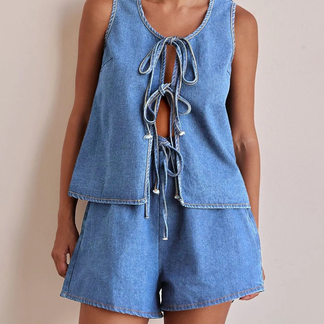 Denim Tie-Front Vest & Shorts Set