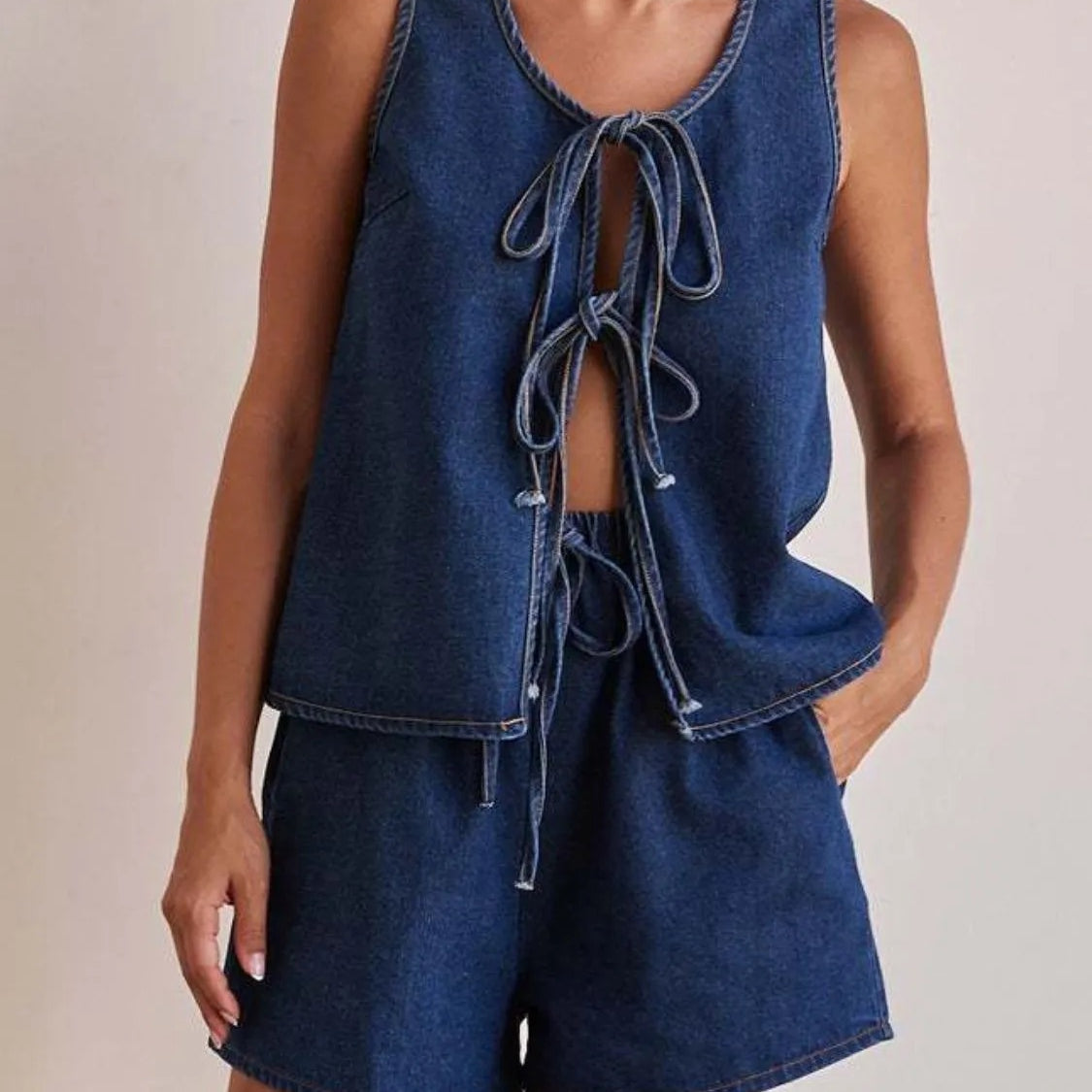 Denim Tie-Front Vest & Shorts Set
