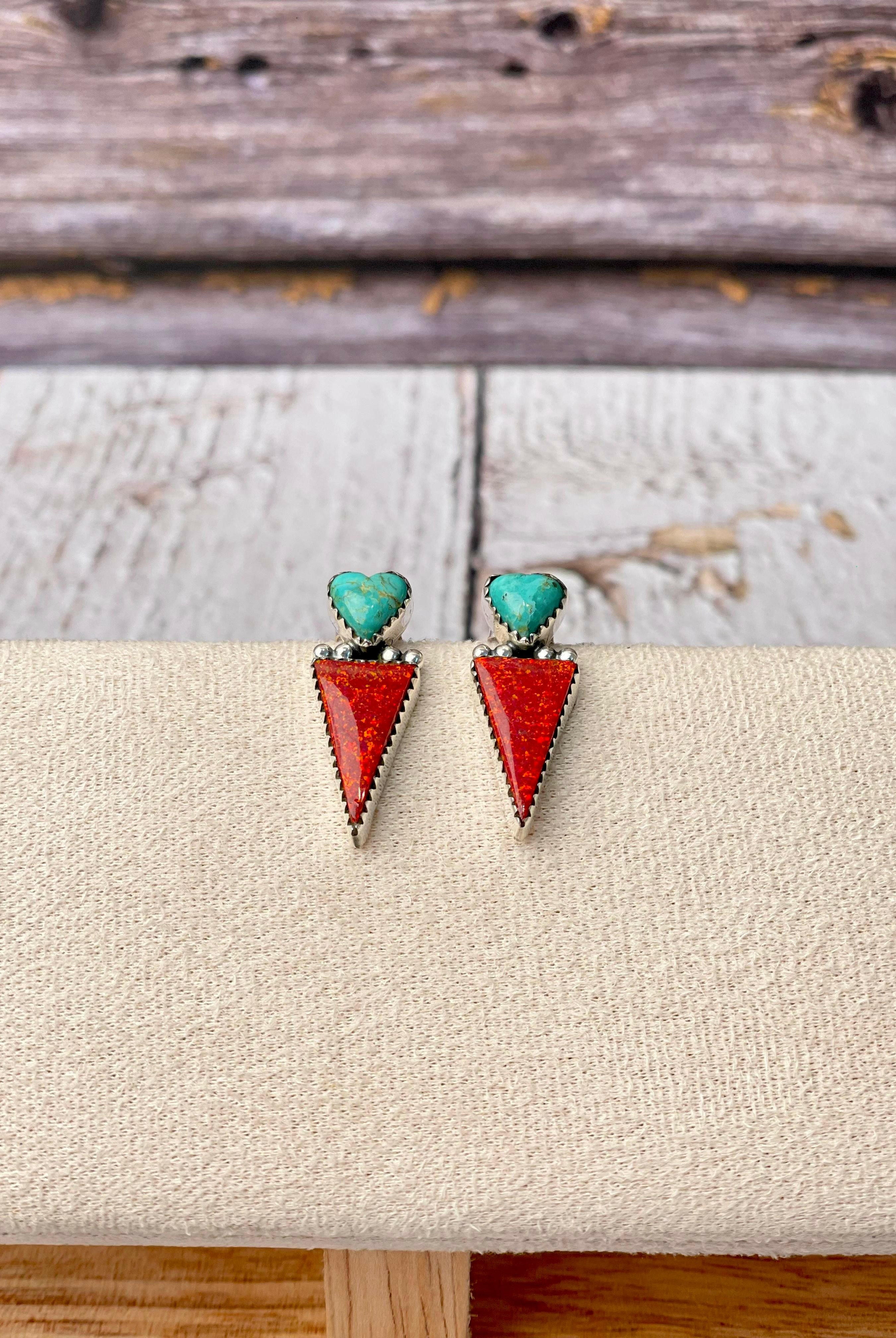 Heart On Fire Turquoise & Red Opal Earrings-Stud Earrings-Krush Kandy, Women's Online Fashion Boutique Located in Phoenix, Arizona (Scottsdale Area)