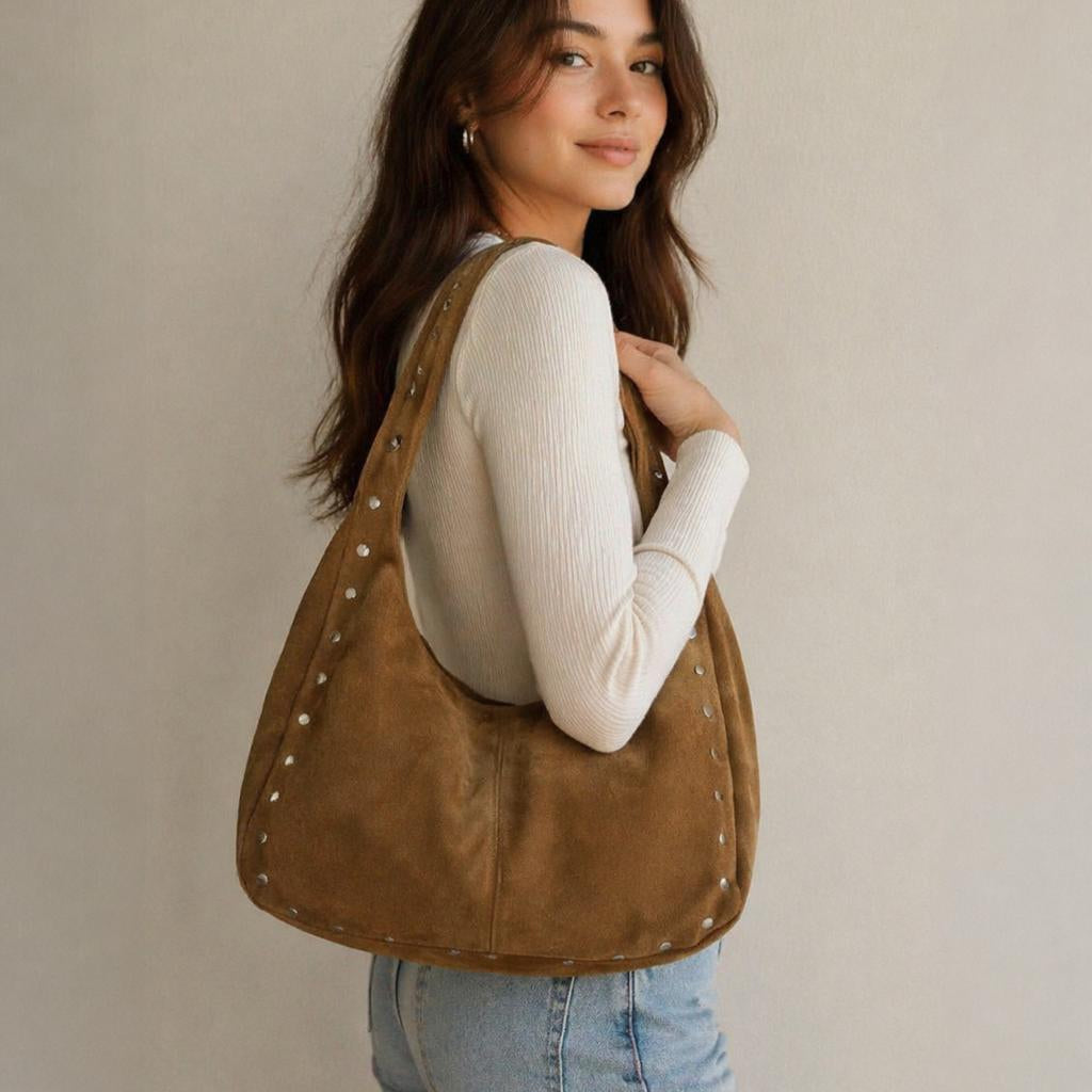 Suede Studded Trim Hobo Bag