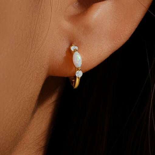 Sterling Silver Opal Geometric Dainty Huggie Earrings-Earrings-Krush Kandy, Women's Online Fashion Boutique Located in Phoenix, Arizona (Scottsdale Area)