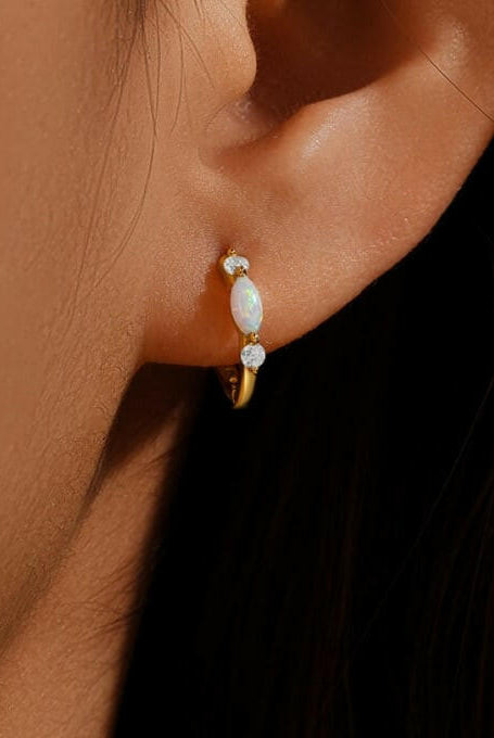 Sterling Silver Opal Geometric Dainty Huggie Earrings-Earrings-Krush Kandy, Women's Online Fashion Boutique Located in Phoenix, Arizona (Scottsdale Area)