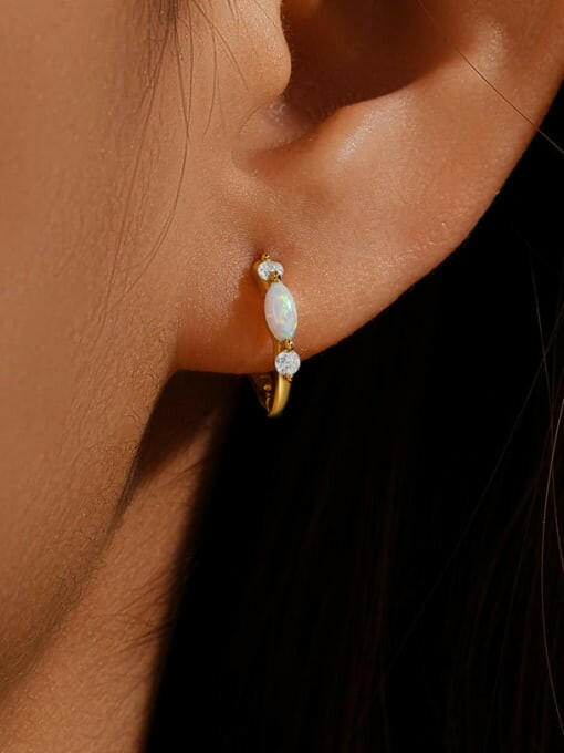 Sterling Silver Opal Geometric Dainty Huggie Earrings-Earrings-Krush Kandy, Women's Online Fashion Boutique Located in Phoenix, Arizona (Scottsdale Area)