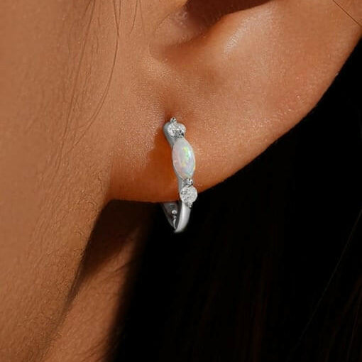 Sterling Silver Opal Geometric Dainty Huggie Earrings-Earrings-Krush Kandy, Women's Online Fashion Boutique Located in Phoenix, Arizona (Scottsdale Area)