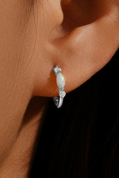 Sterling Silver Opal Geometric Dainty Huggie Earrings-Earrings-Krush Kandy, Women's Online Fashion Boutique Located in Phoenix, Arizona (Scottsdale Area)