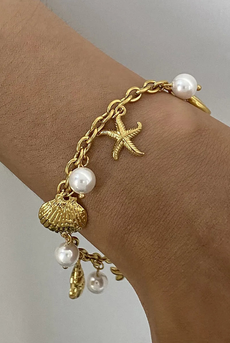 Ocean Theme Stainless Steel Chain Bracelet with Seashell and Starfish Pendants-Bracelets-Krush Kandy, Women's Online Fashion Boutique Located in Phoenix, Arizona (Scottsdale Area)