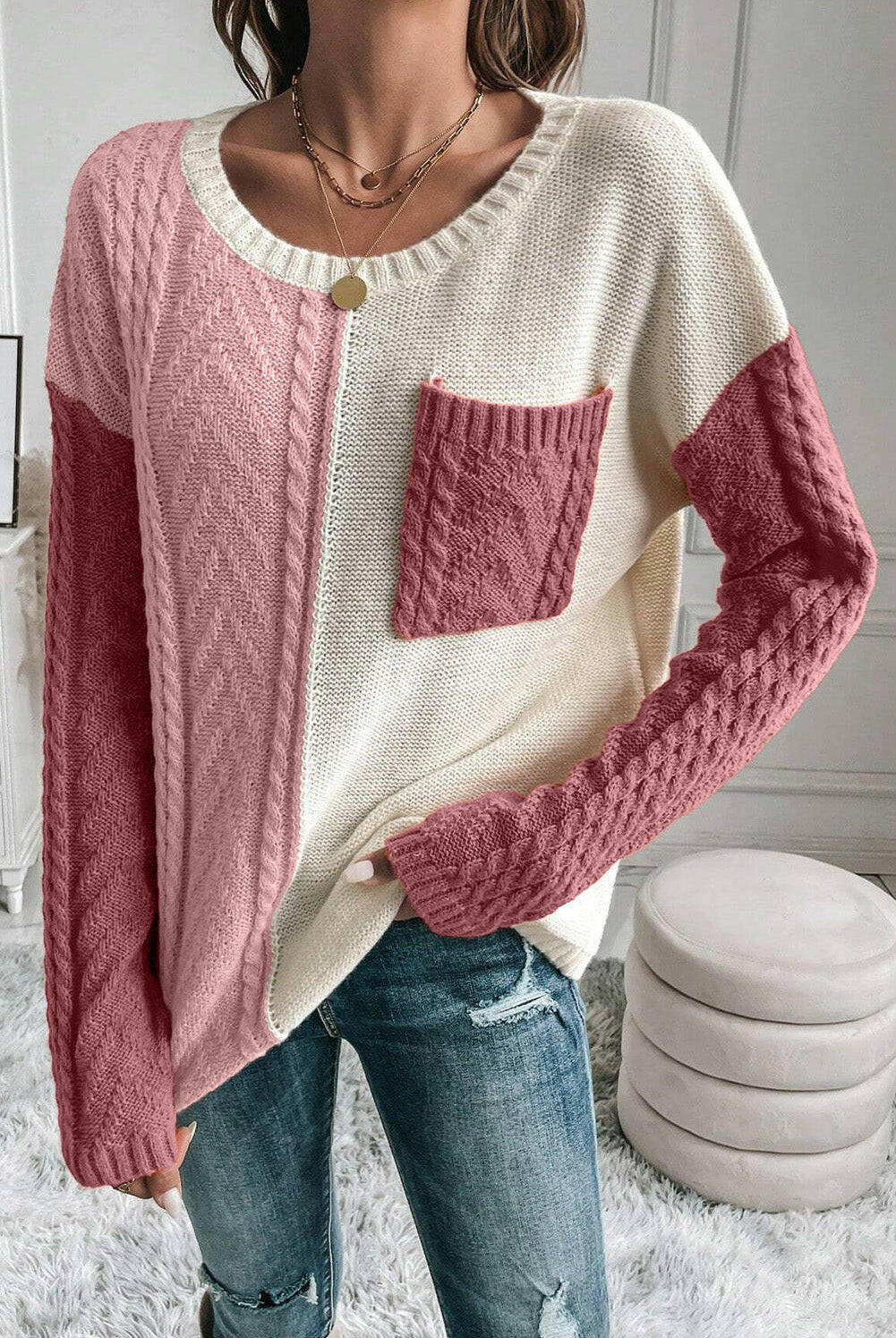 Color Block Round Neck Long Sleeve Sweater-Krush Kandy, Women's Online Fashion Boutique Located in Phoenix, Arizona (Scottsdale Area)