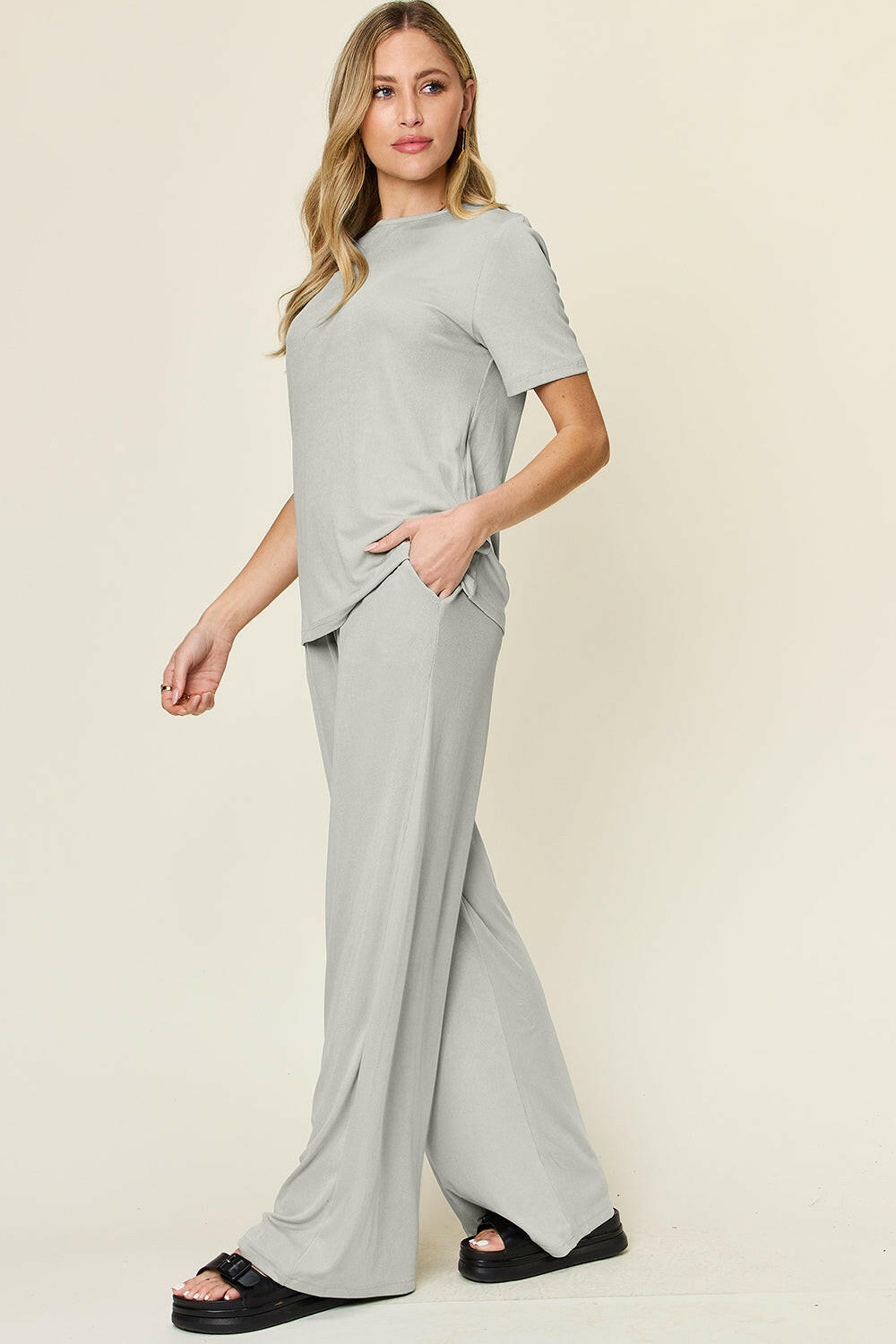 Double Take Full Size Round Neck Short Sleeve T-Shirt and Wide Leg Pants Set-Krush Kandy, Women's Online Fashion Boutique Located in Phoenix, Arizona (Scottsdale Area)