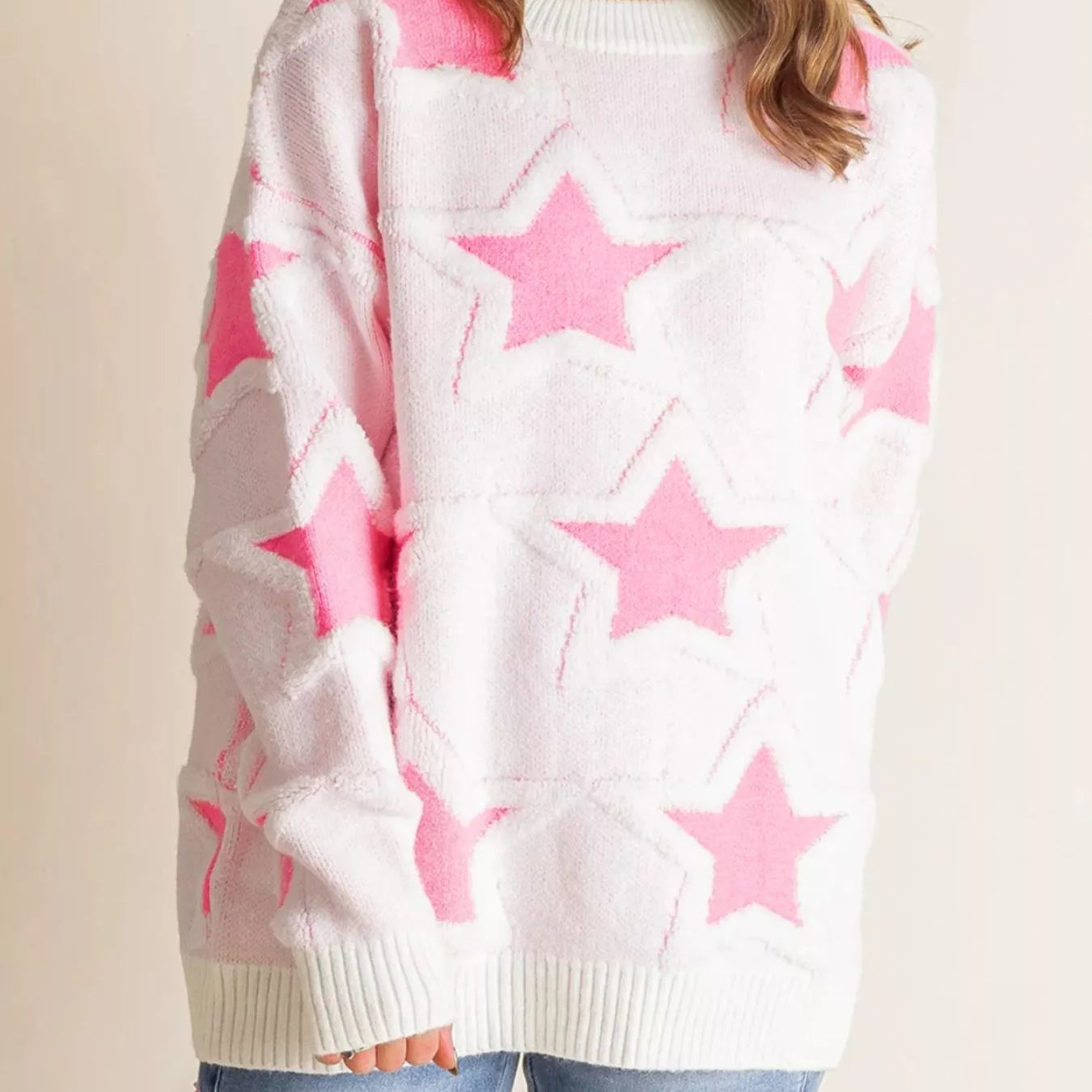 Oversized Star Pattern Ribbed Edge Drop Shoulder Sweater-Sweater-Krush Kandy, Women's Online Fashion Boutique Located in Phoenix, Arizona (Scottsdale Area)