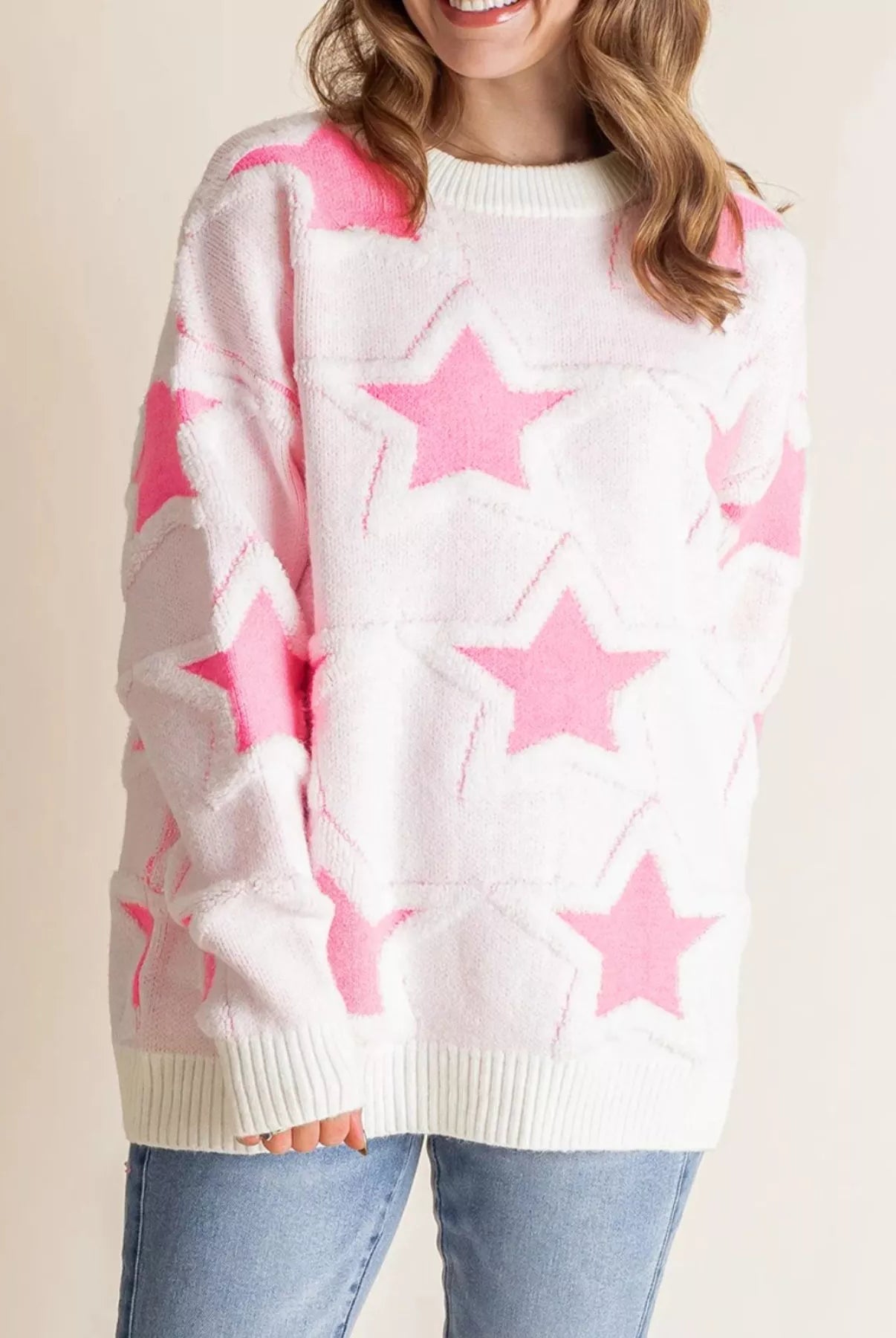 Oversized Star Pattern Ribbed Edge Drop Shoulder Sweater-Sweater-Krush Kandy, Women's Online Fashion Boutique Located in Phoenix, Arizona (Scottsdale Area)