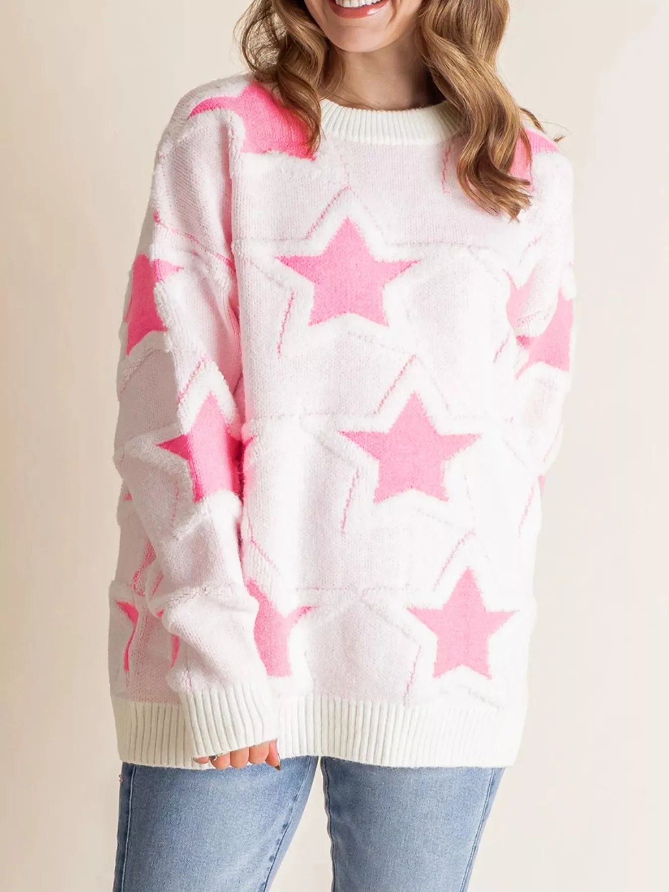 Oversized Star Pattern Ribbed Edge Drop Shoulder Sweater-Sweater-Krush Kandy, Women's Online Fashion Boutique Located in Phoenix, Arizona (Scottsdale Area)