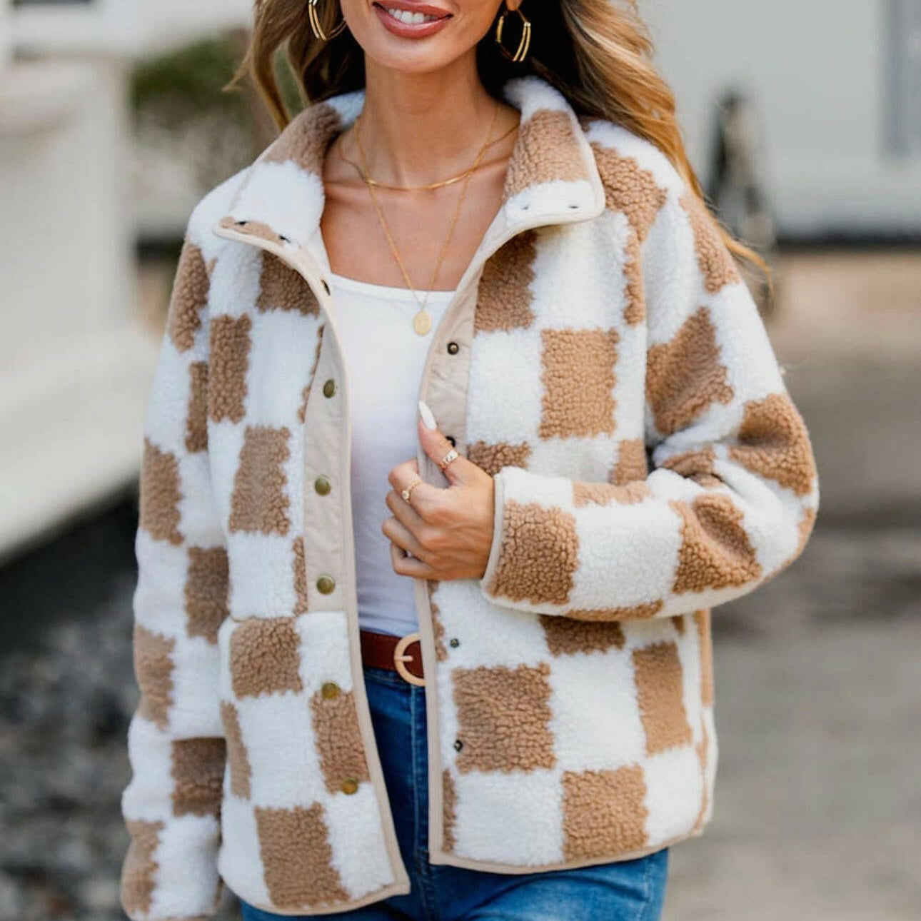 Checkered Snap Down Long Sleeve Teddy Jacket-Krush Kandy, Women's Online Fashion Boutique Located in Phoenix, Arizona (Scottsdale Area)
