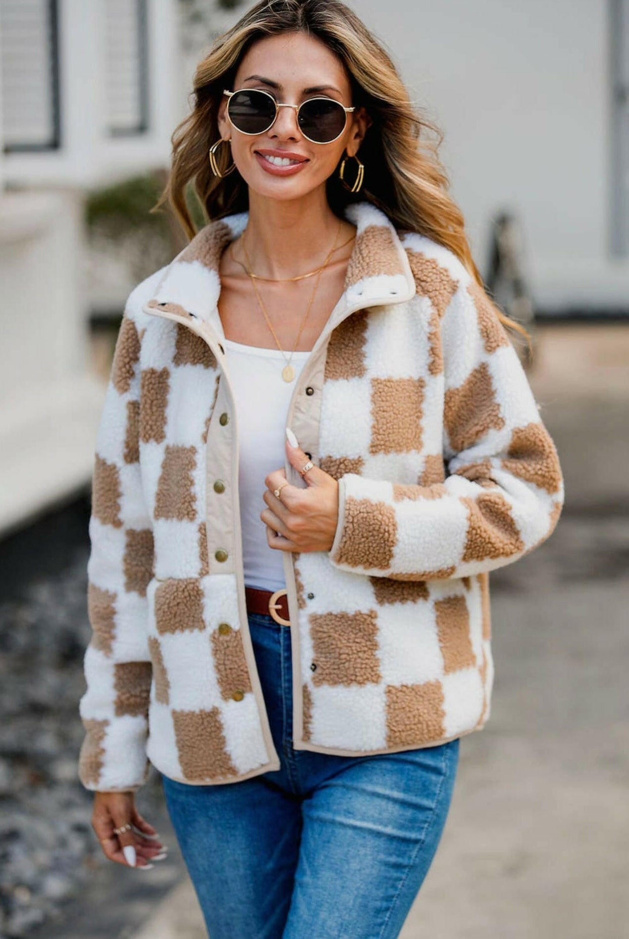 Checkered Snap Down Long Sleeve Teddy Jacket-Krush Kandy, Women's Online Fashion Boutique Located in Phoenix, Arizona (Scottsdale Area)