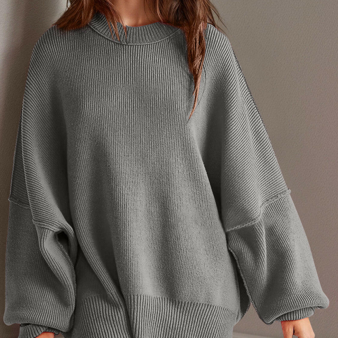 Double Take Side Slit Round Neck Long Sleeve Sweater-Sweaters-Krush Kandy, Women's Online Fashion Boutique Located in Phoenix, Arizona (Scottsdale Area)