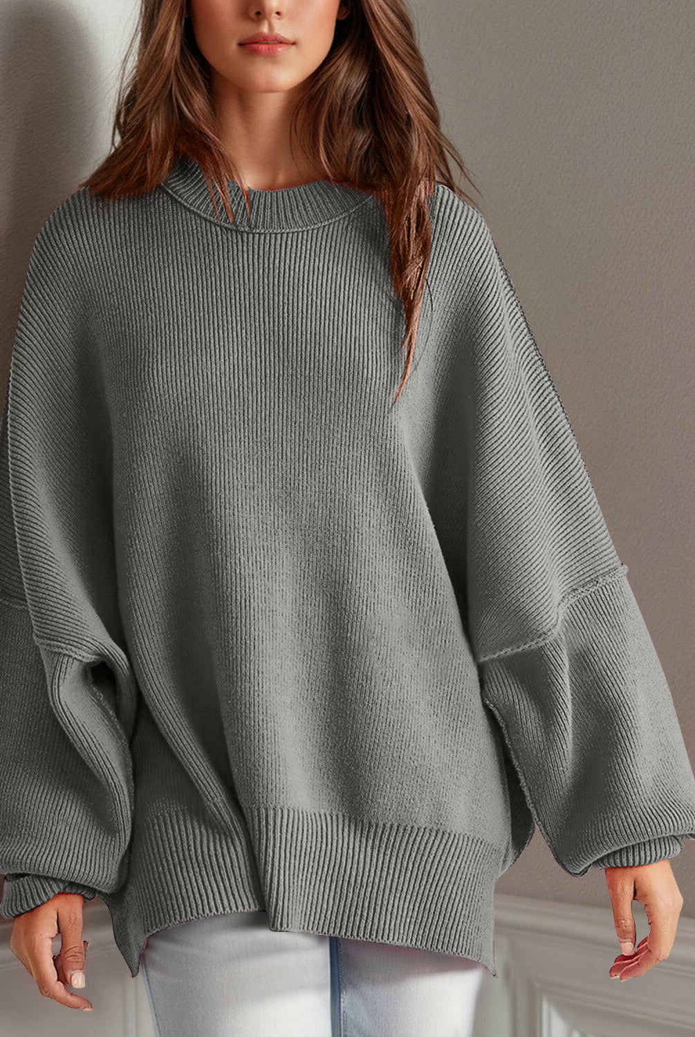 Double Take Side Slit Round Neck Long Sleeve Sweater-Sweaters-Krush Kandy, Women's Online Fashion Boutique Located in Phoenix, Arizona (Scottsdale Area)