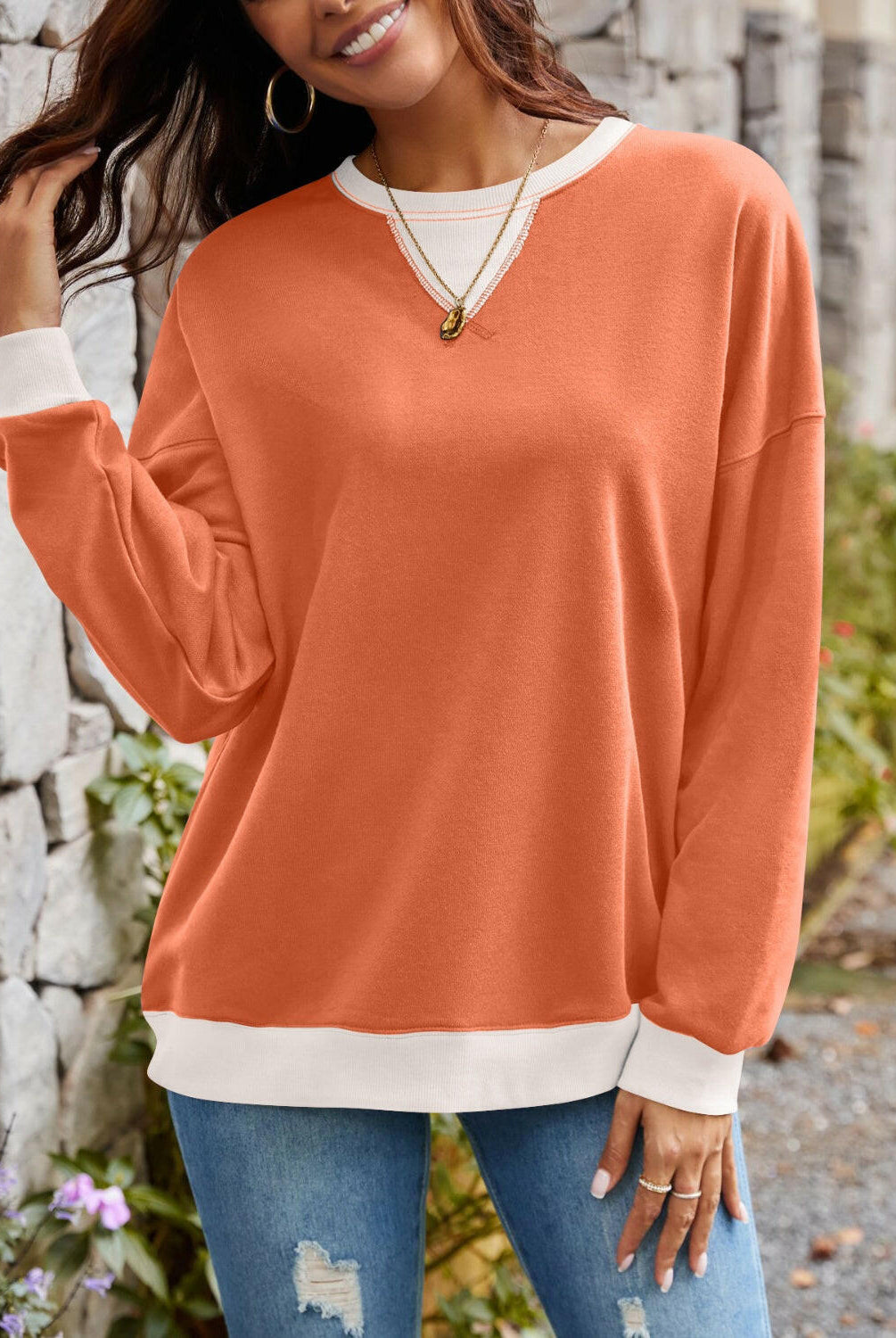 Lovelet Contrast Round Neck Long Sleeve Sweatshirt-Krush Kandy, Women's Online Fashion Boutique Located in Phoenix, Arizona (Scottsdale Area)