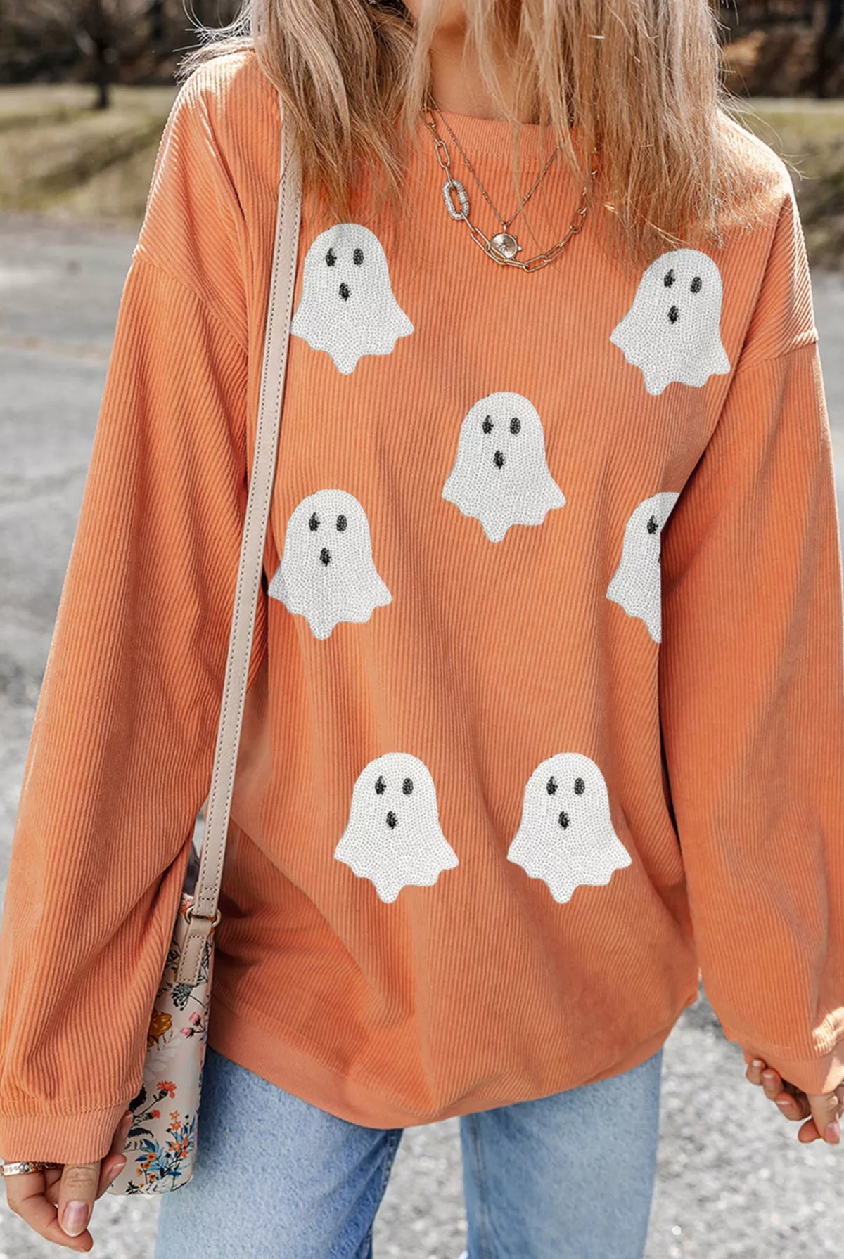 Halloween Ghost Sequin Patched Twisted Ribbed Texture Sweatshirt-Sweaters-Krush Kandy, Women's Online Fashion Boutique Located in Phoenix, Arizona (Scottsdale Area)