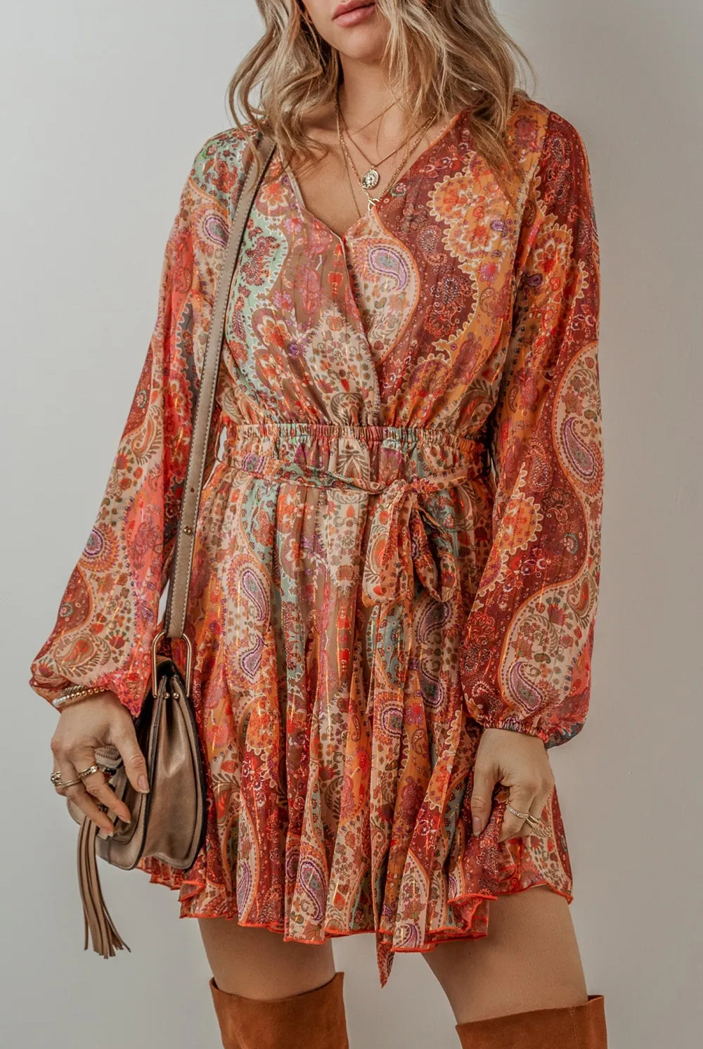 Tied Printed Balloon Sleeve Mini Dress-dresses-Krush Kandy, Women's Online Fashion Boutique Located in Phoenix, Arizona (Scottsdale Area)