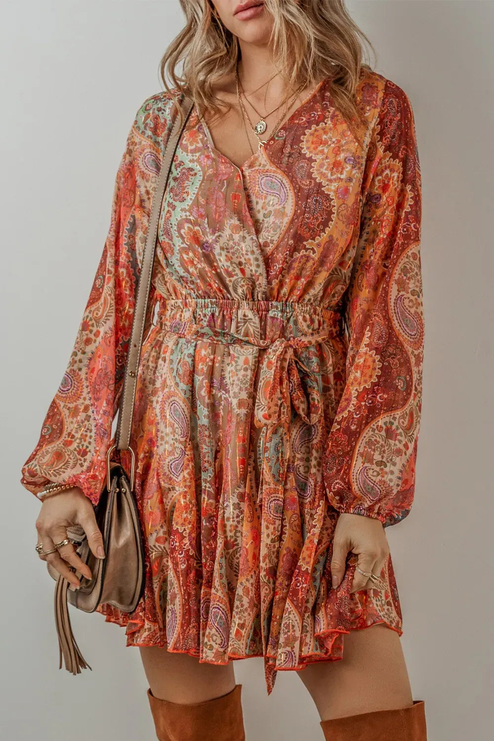 Tied Printed Balloon Sleeve Mini Dress-dresses-Krush Kandy, Women's Online Fashion Boutique Located in Phoenix, Arizona (Scottsdale Area)