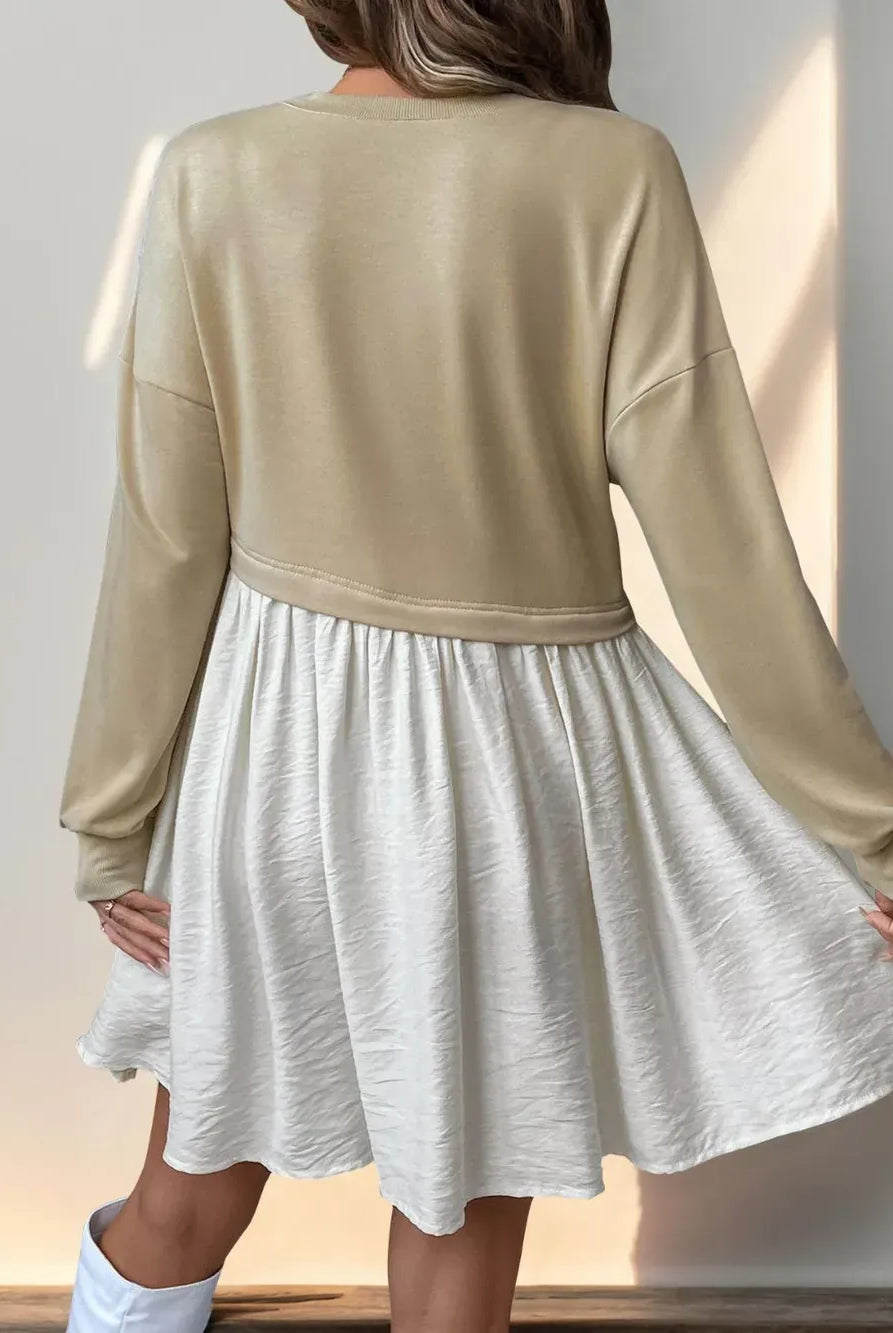 Perfee Contrast Round Neck Long Sleeve Mini Dress-Dresses-Krush Kandy, Women's Online Fashion Boutique Located in Phoenix, Arizona (Scottsdale Area)