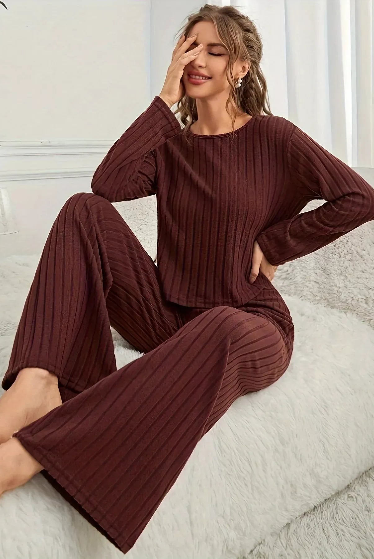 Ribbed Round Neck Long Sleeve Top and Pants Lounge Set-Loungewear-Krush Kandy, Women's Online Fashion Boutique Located in Phoenix, Arizona (Scottsdale Area)