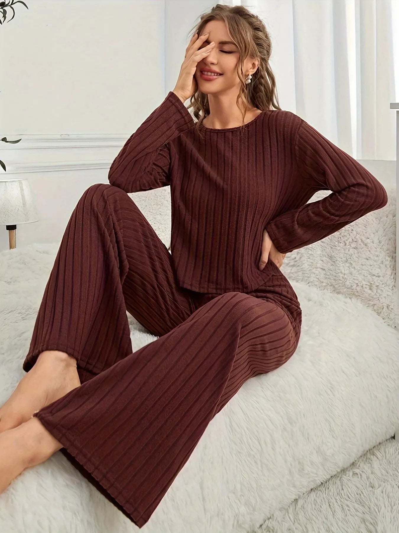 Ribbed Round Neck Long Sleeve Top and Pants Lounge Set-Loungewear-Krush Kandy, Women's Online Fashion Boutique Located in Phoenix, Arizona (Scottsdale Area)