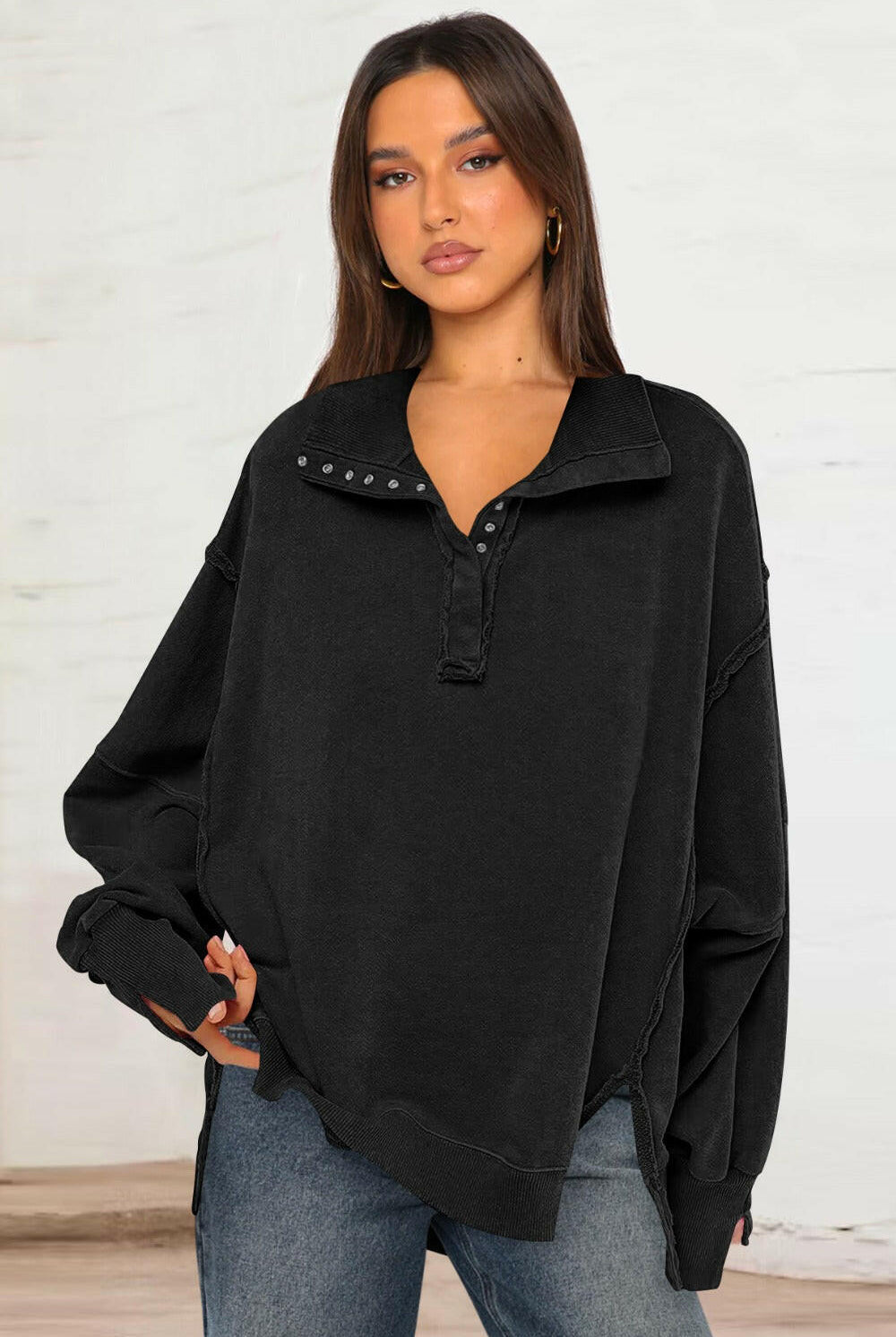 Exposed Seam Side Slit Long Sleeve Sweatshirt-Krush Kandy, Women's Online Fashion Boutique Located in Phoenix, Arizona (Scottsdale Area)