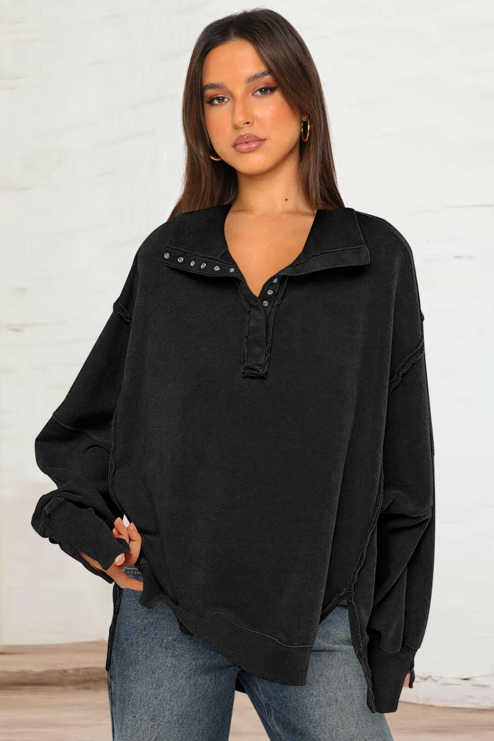 Exposed Seam Side Slit Long Sleeve Sweatshirt-Krush Kandy, Women's Online Fashion Boutique Located in Phoenix, Arizona (Scottsdale Area)
