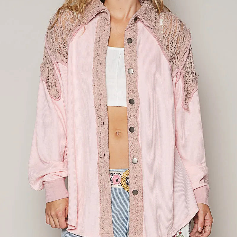 POL Lace Patchwork Button Up Shacket-Jackets-Krush Kandy, Women's Online Fashion Boutique Located in Phoenix, Arizona (Scottsdale Area)